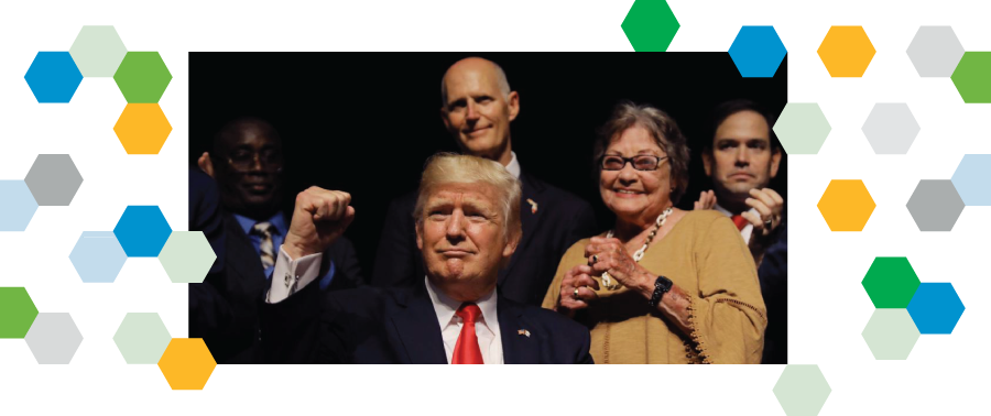 President Donald Trump jointly with Marco Rubio (right side), Rick Scott and Cuban dissidents